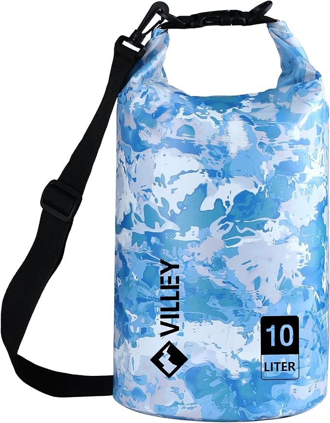 VILLEY Dry Bag Waterproof 10L Roll Top Sack Keeps Gear Dry Lightweight Dry Sack with Waterproof Phone Case for Kayaking Boating Camping Swimming and Beach Adventures Blue Camo