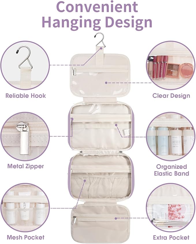 Narwey Hanging Toiletry Bag for Women Travel Makeup Bag Organizer Toiletries Bag for Travel Size Essentials Accessories Cosmetics (Purple (Medium))