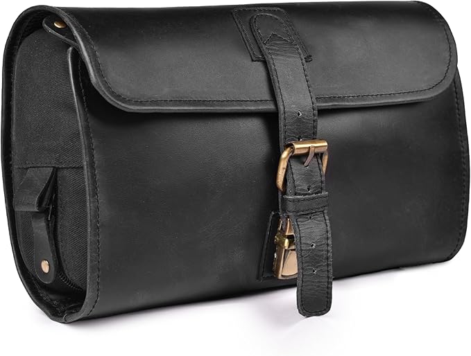 LEATHER VILLAGE Hanging Toiletry Bag for Men & Women, Handcrafted Vintage Cosmetic & Shaving Organizer Travel Dopp Kit- Black