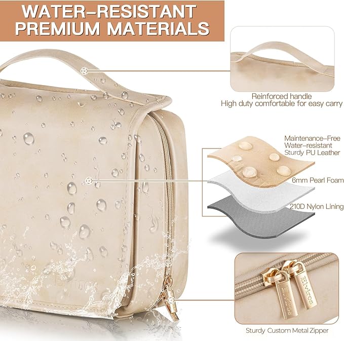 Elviros Hanging Travel Toiletry Bag for Women, 3-in-1 Large Makeup Bag and Cosmetic Organizer, Vegan Leather Waterproof Skincare Case for Travel Size Toiletries and Accessories