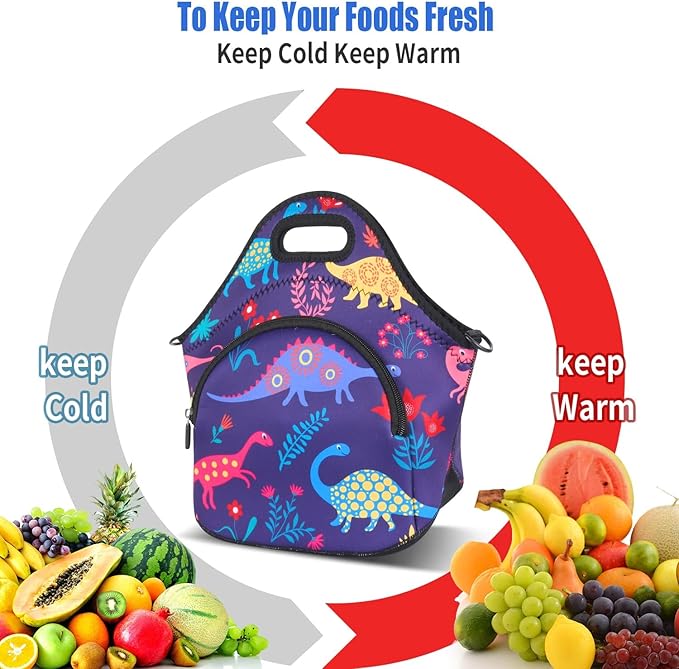 Violet Mist Neoprene Lunch Bag Reusable Insulated Lunch Box with Adjustable Shoulder Strap&Pocket for Women,Men,Adults,Cute Cartoon Dinosaur Snack Bags Blue Anime Work Picnic Travel Tote Food Handbags