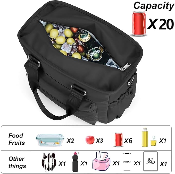 16L Large Lunchbox for Woman, Insulated Lunch Bag Women, Adult Lunch Box for Work, Leakproof, Black