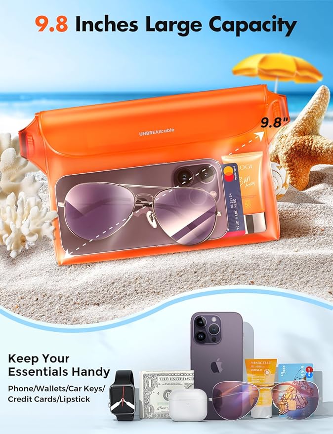 UNBREAKcable Waterproof Phone Pouch with Adjustable Waist Strap- 2 Pack [9.8'' Front window] [SGS IP68 Waterproof] [71'' Maximum Adjustable Waist Length] Waist Bag Screen Touchable Floating Dry Bag