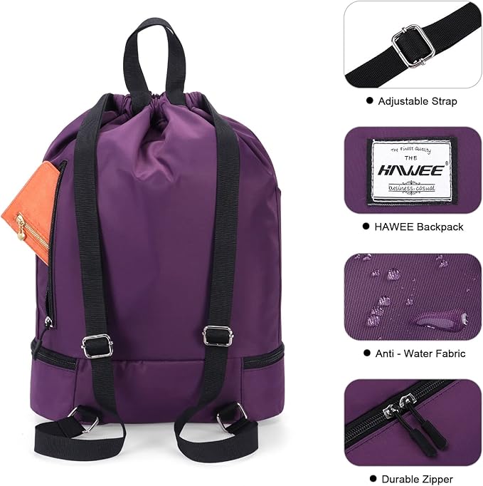 Dry Wet Drawstring Backpack with Shoe Compartment for Women Adjustable Gym Bag