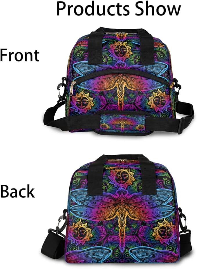 Bohemian Colorful Insulated Lunch Bags for Women Men Ethnic Dragonfly Reusable Lunch Box Shoulder Strap Tote Lunch Bag Cooler Thermal Bag for School Work Travel Office Picnic Girls Boy Adult