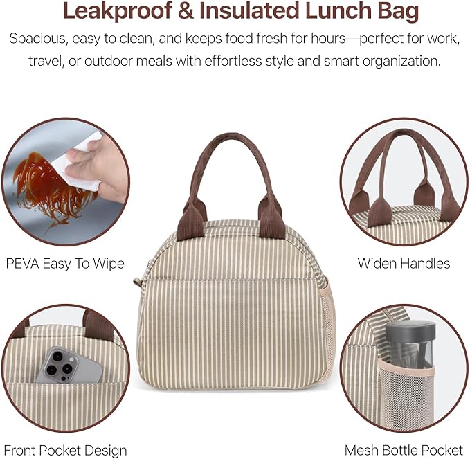 Bagseri Insulated Lunch Bag Women - Reusable Leakproof Thermal Cooler Sack Food Handbags Case High Capacity for Work and Picnic (Khaki White Stripe)