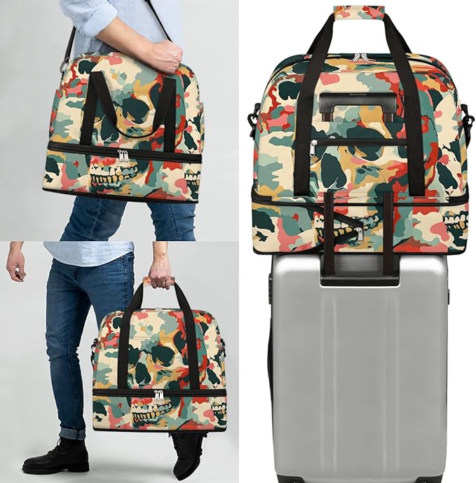 cfpolar Woman Travel Duffel Bag Camo Skull Foldable Tote Carry On Luggage Sports Gym Bag With Shoe Compartment Overnight Weekend Yoga Workout Bag Training Handbag