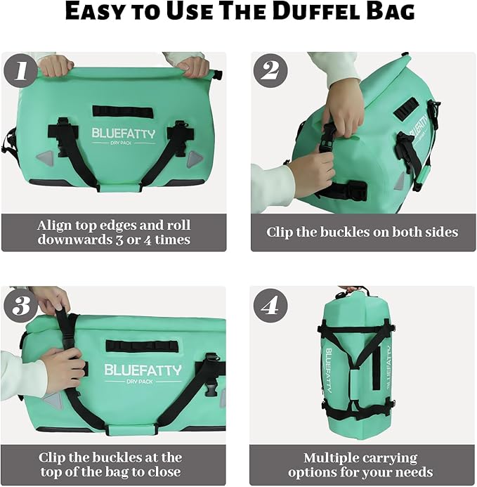 Waterproof Motorcycle Duffel Bag Roll Top Dry Duffel Bag with Quick-fixed Straps for Rafting, Boating, Kayaking, Travel, 50L(Ocean Green)