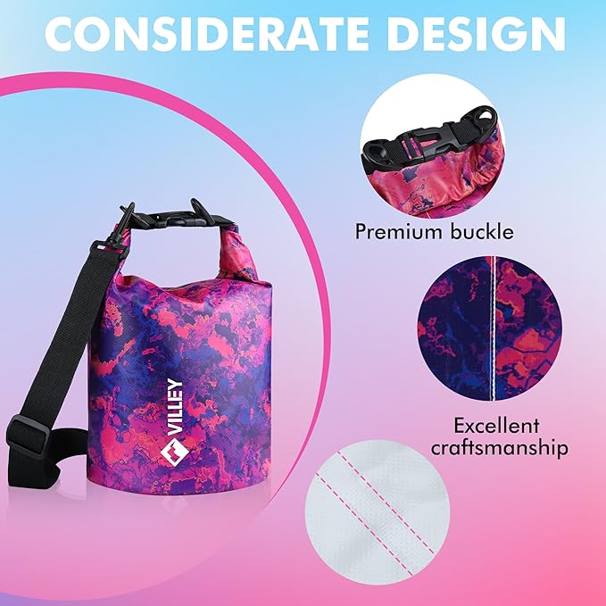 VILLEY Dry Bag Waterproof 5L Roll Top Sack Keeps Gear Dry Lightweight Dry Sack with Waterproof Phone Case for Kayaking Boating Camping Swimming and Beach Adventures Red Camo