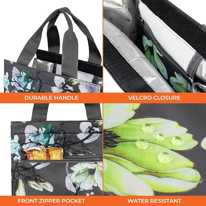 opux Lunch Bag for Women, Insulated Lunch Box Tote for Girls Kids Adult School Work, Reusable Womens Lunch Tote for Office Travel, Cute Small Lunch Tote, Fits 12 Cans - Floral Gray