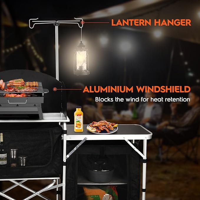 Cmaping KitchenTable, Aluminum Folding Camping Cook Station with Windshield, Upgrade Light Stand, Storage Bag, Quick Installation for Outdoor, Picnic, Cooking