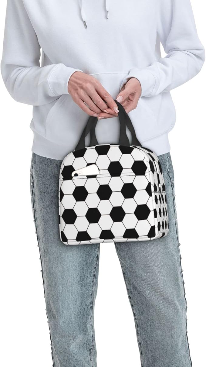 VOOHDDY Football Soccer Ball Black White Insulated Lunch Bag For Men Women Reusable Lunch Box Container Waterproof Portable Cooler Thermal Tote Bag For Work Office Picnic Beach Travel