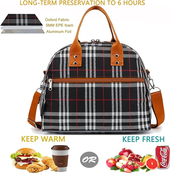 FlowFly Insulated Lunch Bag With Shoulder Strap for Women, Men, and Kids, Large and Reusable, Handle, Freezable Work and School Travel Tote and Meal Prep Organizer (W&B)