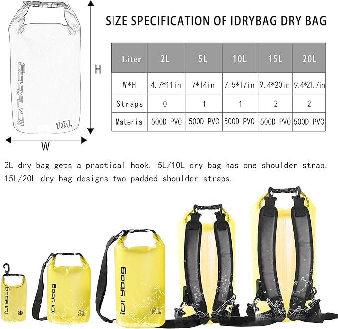 IDRYBAG Clear Dry Bag Waterproof 2L/5L/10L/15L/20L, Small Dry Sack Waterproof Bag for Kayaking