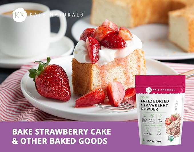 Kate Naturals Organic Freeze Dried Strawberry Powder for Baking & Drinks. Natural Strawberry Flavoring for Cakes, Icing & Smoothies (4oz, No Added Sugar)