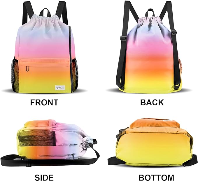 Drawstring Backpack with Mesh Pockets String Gym Bag Sackpack Sandproof Water Resistant Beach Backpack for Men Women