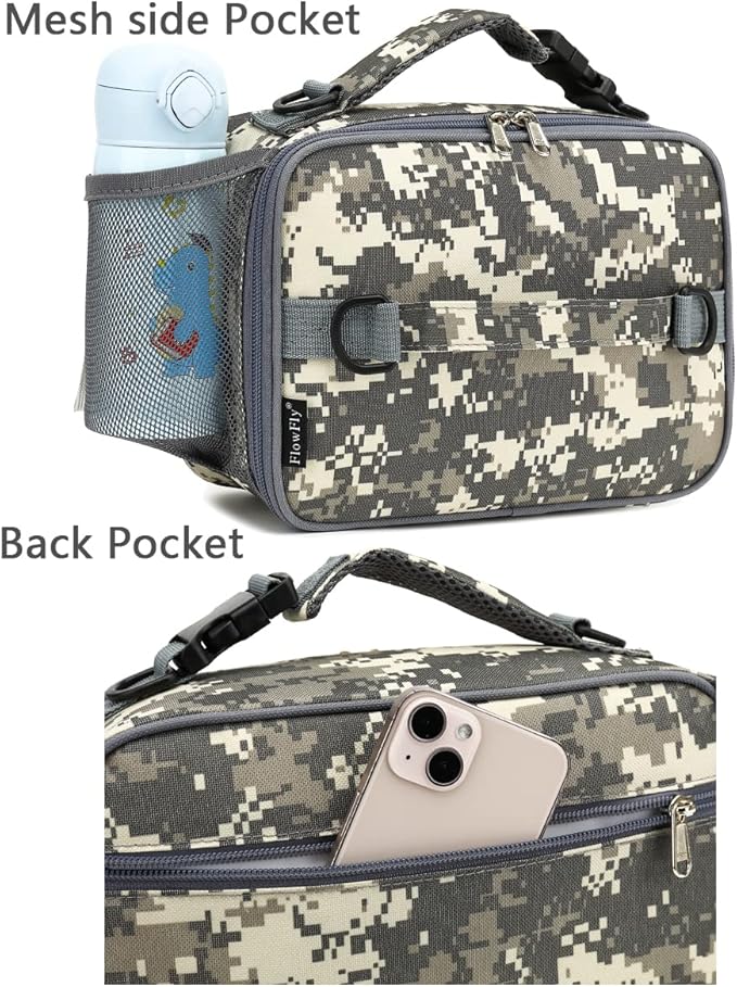 FlowFly Kids Lunch Bag, Durable Insulated School Lunch Box with Shoulder Strap and Bottle Holder, Water-resistant Thermal Small Lunch Cooler Tote for Teen Boys & Girls,Digital#Camo