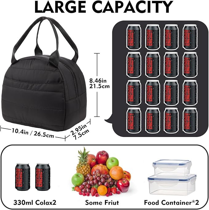 Lunch Bag Lunch Box for Women Men Adult Insulated Cute Small Quilted Puffer Lunchbox Reusable Thermal Lunch Cooler Tote Bag for Work, Picnic or Travel-Black