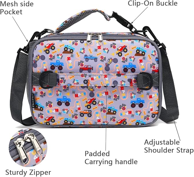 FlowFly Kids Lunch Bag, Durable Insulated School Lunch Box with Shoulder Strap and Bottle Holder, Water-resistant Thermal Small Lunch Cooler Tote for Teen Boys & Girls,Truck