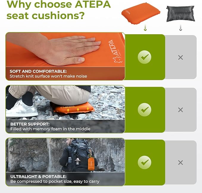 ATEPA Inflatable Stadium Seat Cushion, Self-Inflating Memory Foam Stadium Seats Camping Accessories Chair Pad for Outdoor Airplane Travel Bleacher Patio Backpacking