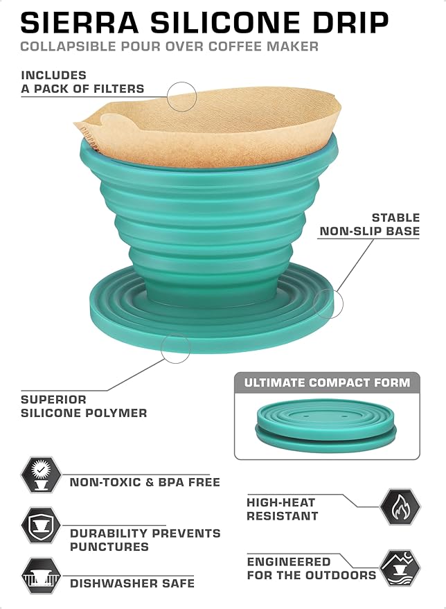 COLETTI Sierra Pour Over Coffee Dripper — Collapsible Pour Over Coffee Dripper — Includes Pack of Paper Filters [Teal, Pack of 2]