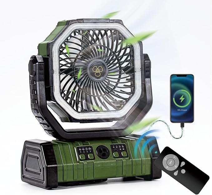 Rechargeable Operated Camping Battery Powered Fan with Hook&Bright LED Light,Remote Control Timer Auto Oscillation Cordless Outdoor Fan for Power Outage,Picnic,Barbecue,Fishing,Travel,Jobsite,Home