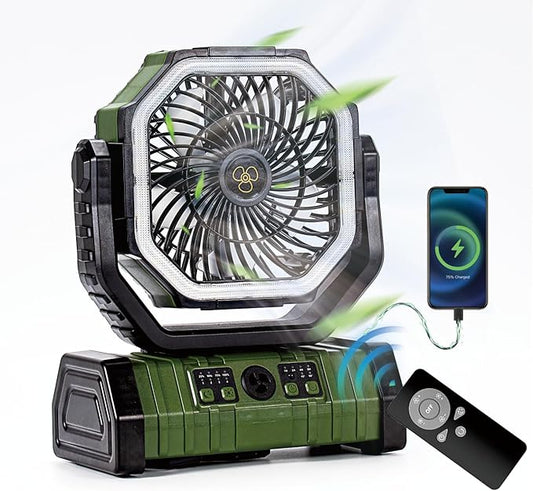 Rechargeable Operated Camping Battery Powered Fan with Hook&Bright LED Light,Remote Control Timer Auto Oscillation Cordless Outdoor Fan for Power Outage,Picnic,Barbecue,Fishing,Travel,Jobsite,Home