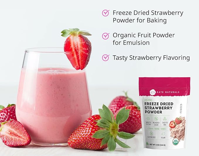 Kate Naturals Organic Freeze Dried Strawberry Powder for Baking & Drinks. Natural Strawberry Flavoring for Cakes, Icing & Smoothies (4oz, No Added Sugar)
