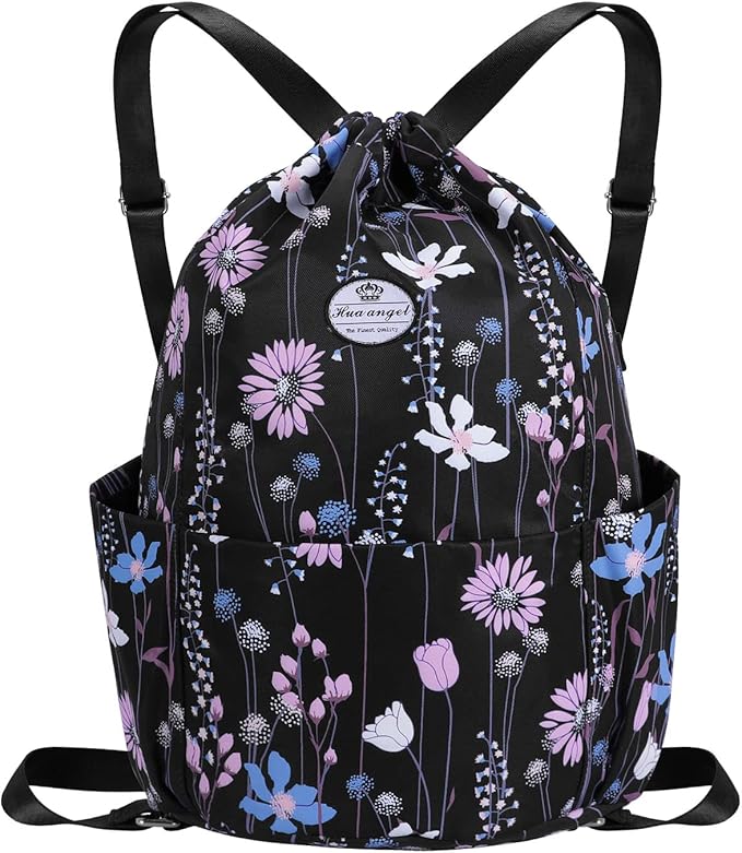 HUA ANGEL Floral Print Drawstring Bag - Lightweight Waterproof Cinch Sackpack with Side Pocket for Men & Women Travel Gym Bag