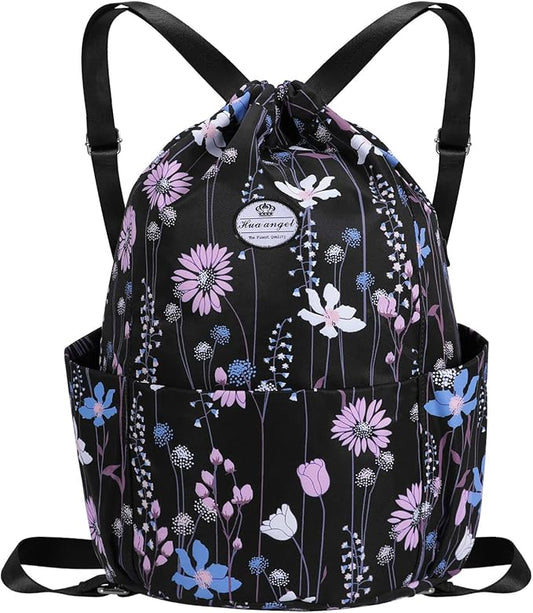 HUA ANGEL Floral Print Drawstring Bag - Lightweight Waterproof Cinch Sackpack with Side Pocket for Men & Women Travel Gym Bag