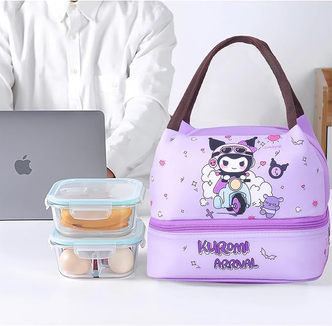 Kawaii Insulated Lunch Bag for Women Men, Cute Reusable Large Capacity Lunch Box, Double Compartment Container Lunch Tote Bag, Thermal Cooler Bag Food Handbags for Work Travel (Purple)