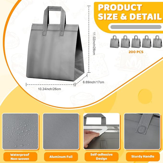 Hushee 200 Pcs Insulated Take out Bags Bulk Thermal Insulation Take Away Bags Disposable 10.24x11.02x6.69 Inch for Grocery Lunch Hot Cold Frozen Food Delivery Shipping Cooler(Gray)