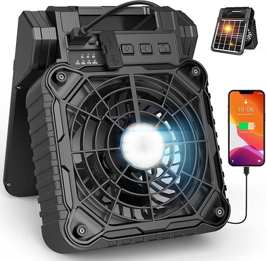Solar Camping Fan with LED Lantern, 10400mAh 10W Solar Panel fan, Quiet Battery Operated Tent Fan for Picnic, Barbecue, Fishing, Travel