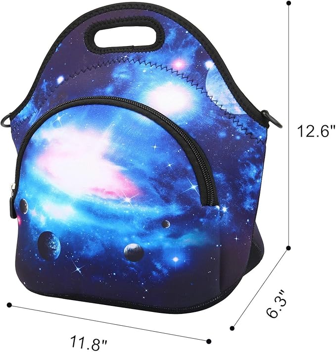 Violet Mist Womens Neoprene Insulated Galaxy Space lunch Bag Lunch Tote Bag Thermal Lunch Box with Extra Pocket Detachable Adjustable Shoulder Lunchbox Food Handbags Gift for Women Men Blue Star Sky