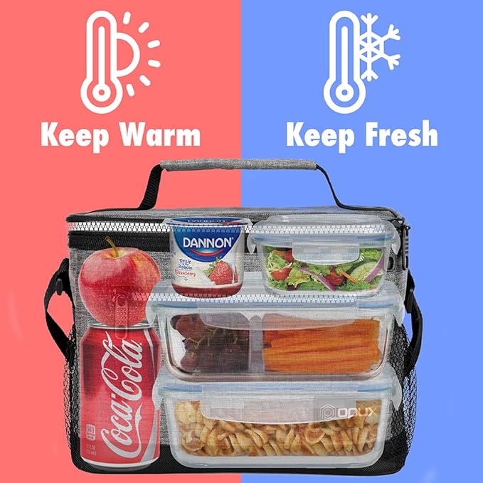 opux Insulated Lunch Box Men Women, Lunch Bag for Work School, Leakproof Soft Cooler Tote Adult, Large Lunch Pail Kids Boys Girls, Picnic Beach Food Bag with Shoulder Strap, Heather Grey