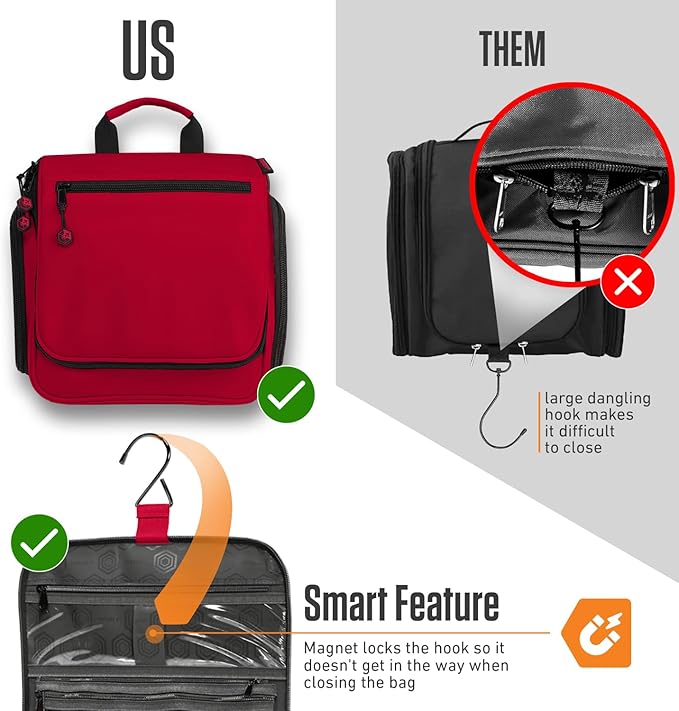 VENTURE 4TH Hanging Travel Toiletry Bag for Women & Men - Travel Organizer with Expandable Compartments & Removable Clear Pouch for Toiletries (Red)