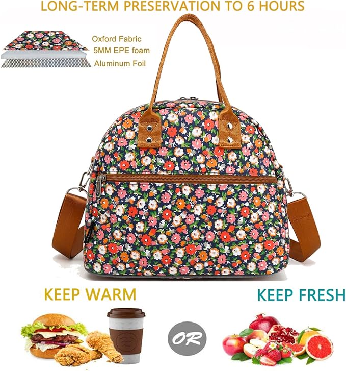 FlowFly Insulated Lunch Bag With Shoulder Strap for Women, Men, and Kids, Large and Reusable, Handle, Freezable Work and School Travel Tote and Meal Prep Organizer,Floral