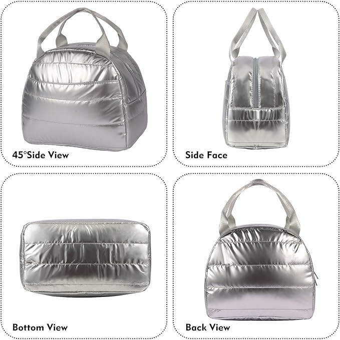 Lunch Bag Lunch Box for Women Men Adult Insulated Cute Small Quilted Puffer Lunchbox Reusable Thermal Lunch Cooler Tote Bag for Work, Picnic or Travel-Silver