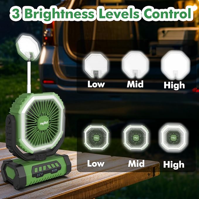 Portable Fan, AI Outdoor Rechargeable Camping Fan with Light, 20000mAh Battery Powered, 360° Rotating Hook, 4 Speeds for Indoor, Traveling, Tenting, RVing, Fishing, Beach (Green)