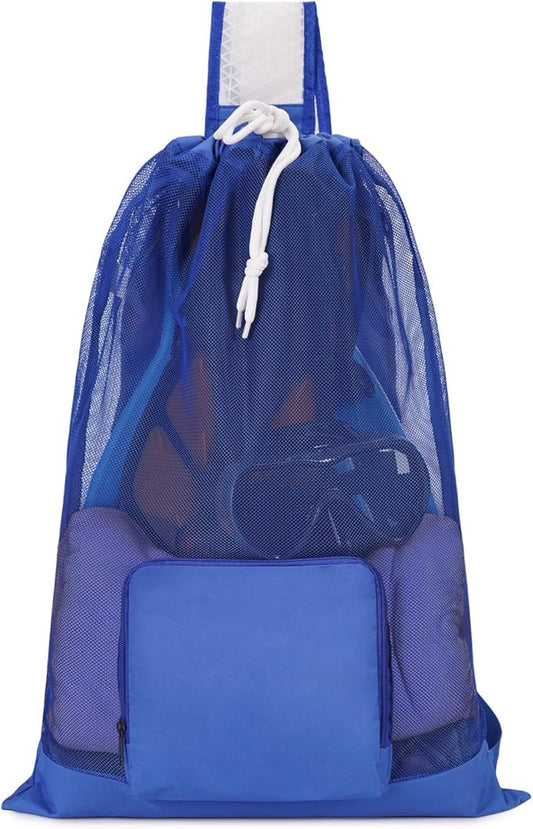 WANDF Swim Bag Foldable Mesh Drawstring Bag with Quick-dry Shoulder Strap Beach Backpack with Wet Pocket for Swimming, Gym, and Workout Gear (Blue Patent Pending)