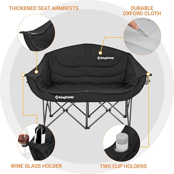 KingCamp Double Camping Chair, Oversized Heavy Duty Loveseat for Adults Portable Folding XL 2 Person Couch Padded Comfortable Two Seat with Cup Holder for Outdoor Lawn Backyard
