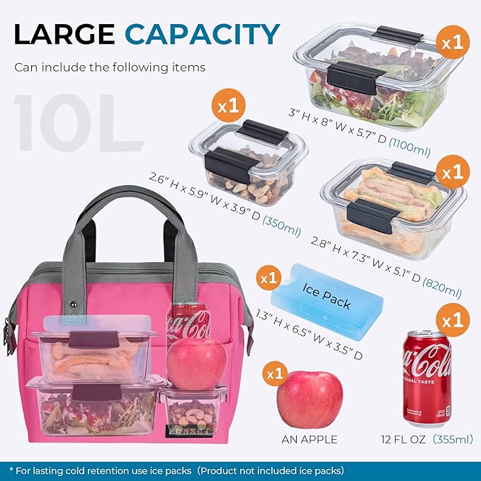 ECHSRT Large Insulated Lunch Bag for Women Men Leakproof Lunch Tote Bags Cooler Bag for Work Travel Adult Thermal Lunch Bags for Office -10L Lunchbox - Pink