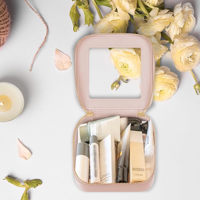 Prite Small Makeup Bag for Women Portable Clear Makeup Bag Cute Mini Waterproof Travel Cosmetic Bag with Gold Zipper for Car Essentials(Pearlescent Pink)