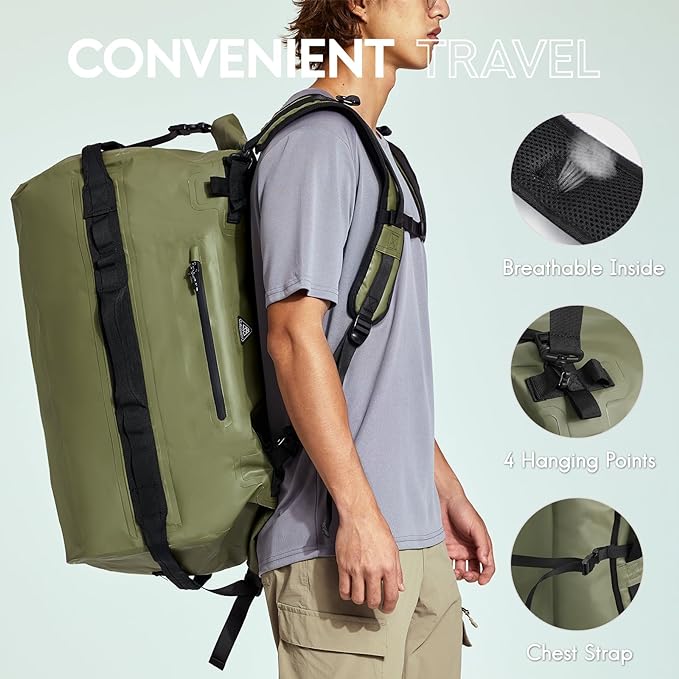Haimont Large Waterproof Duffel Backpack Roll-Top Heavy Duty Dry Duffle Bag for Boating, Travel, Motorcycle, Kayaking, Camping, 60L