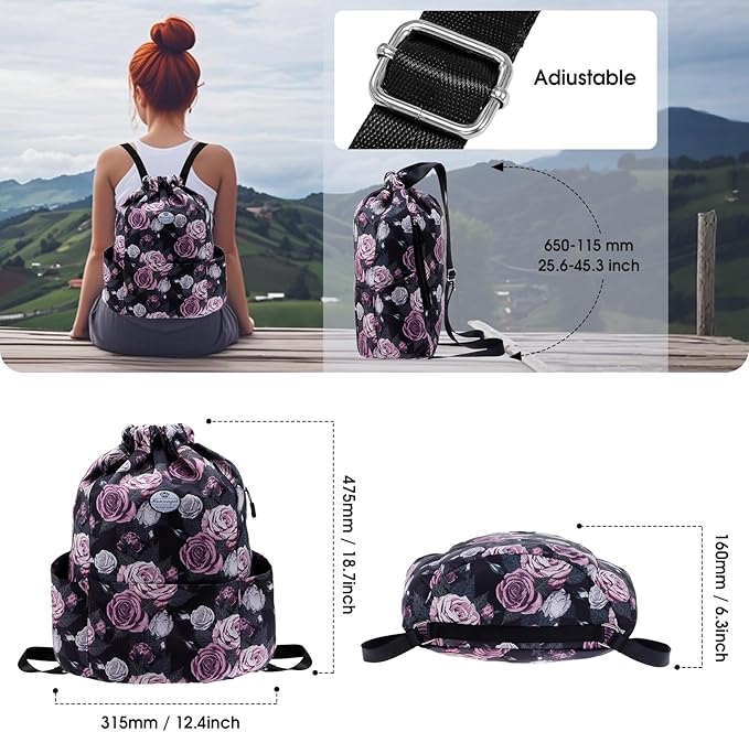 HUA ANGEL Floral Print Drawstring Bag - Lightweight Waterproof Cinch Sackpack with Side Pocket for Men & Women Travel Gym Bag