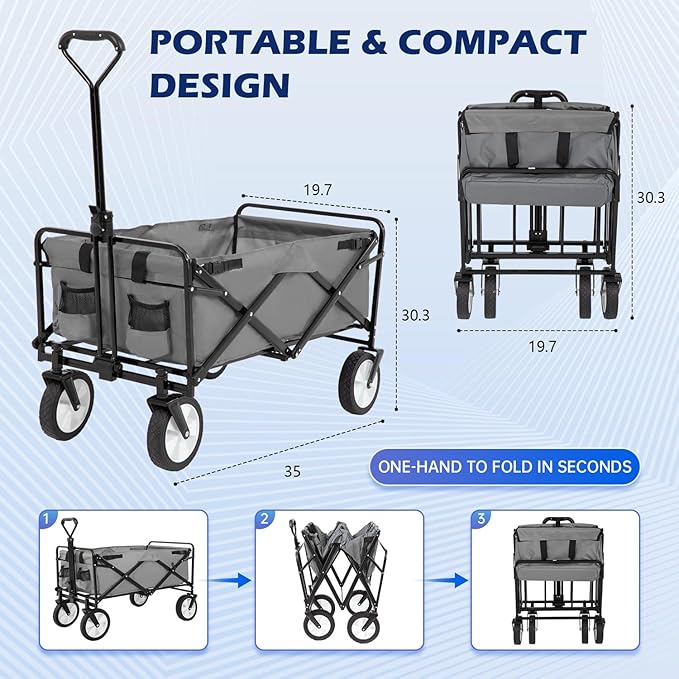 FDW 39''L Collapsible Wagon Cart, Heavy Duty Utility Folding Wagon for Outdoor Sports, 330 LBS Weight Capacity, Camping, Garden, and Shopping, Grey