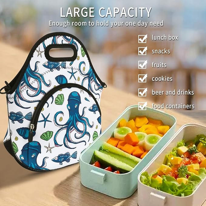 Violet Mist Womens Insutated Neoprene Lunch Bag Resuable Thermal Cute Cartoon Lunch bag with Pocket Detachable Adjustable Shoulder Lunchbox Handbags Container Women Men Adult Gifts(Bule Seaa Animal)