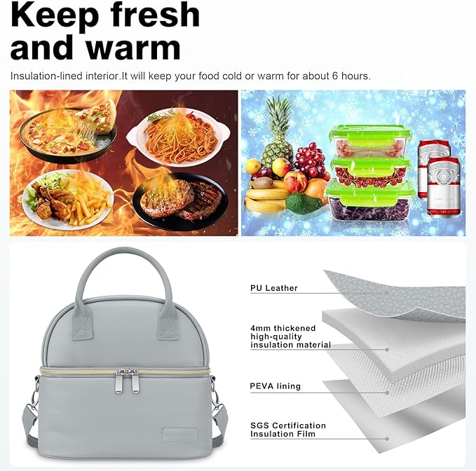 BALORAY Lunch Bag for Women Men, Double Deck Lunch Box for Adults Teens, PU Leather Lunch Tote Bag Insulated Lunch Bags with Strap for Work Office School