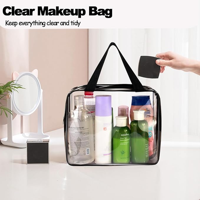 2Pcs Crystal Clear PVC Travel Toiletry Bag Kit for Women Men, Waterproof Vinyl Organizer Clear Makeup Bags with Zipper, Cosmetic Bag Pouch Carry on Airport Airline Compliant Bag Handbag (Double Layer)