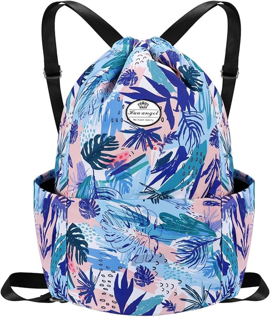 HUA ANGEL Floral Print Drawstring Bag - Lightweight Waterproof Cinch Sackpack with Side Pocket for Men & Women Travel Gym Bag